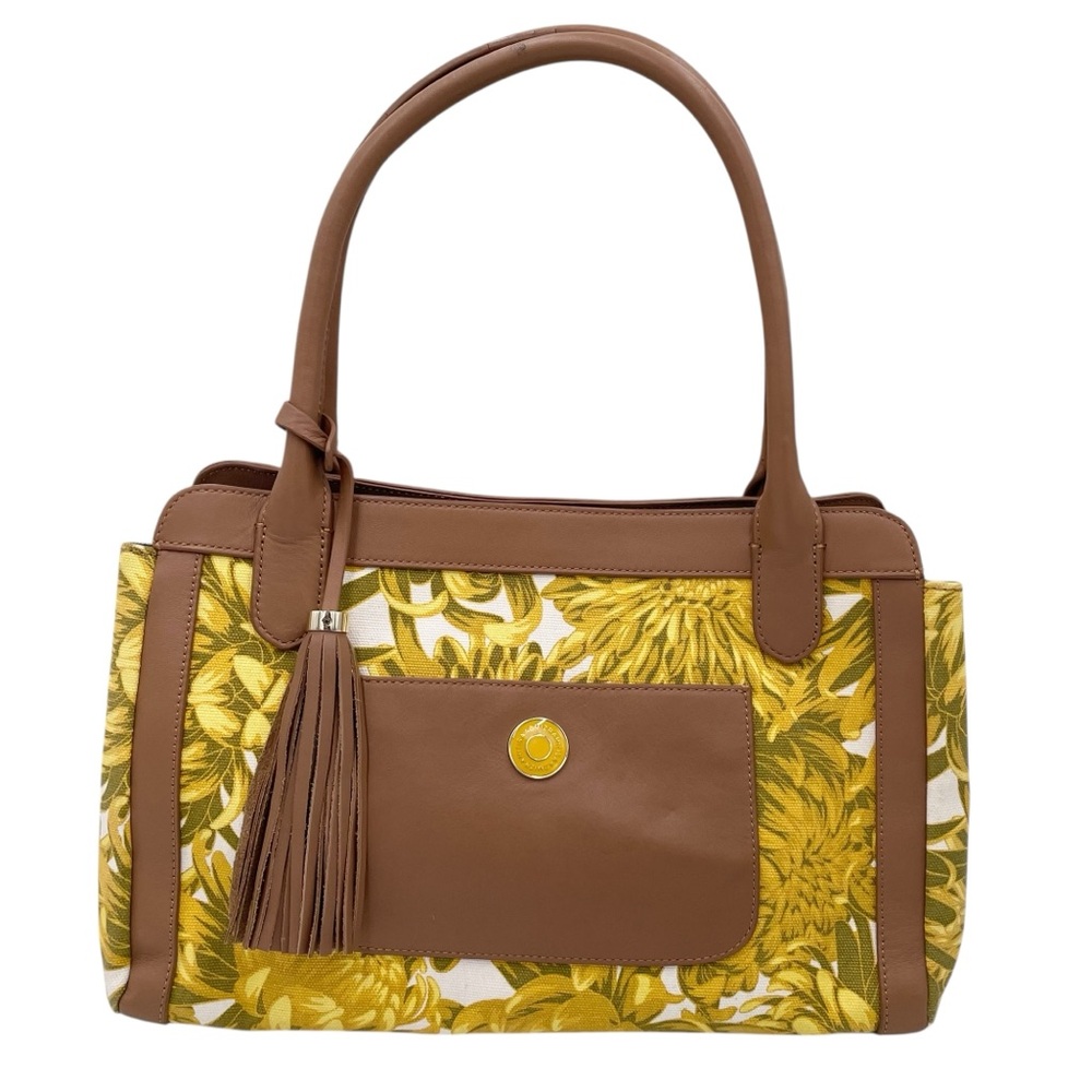 Isaac Mizrahi Yellow Floral Cotton Canvas Genuine Leather Shoulder Bag Purse